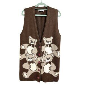 Teddy Bear Sweater Vest - Brown Knit - Vintage La Monte Italian Design - Medium